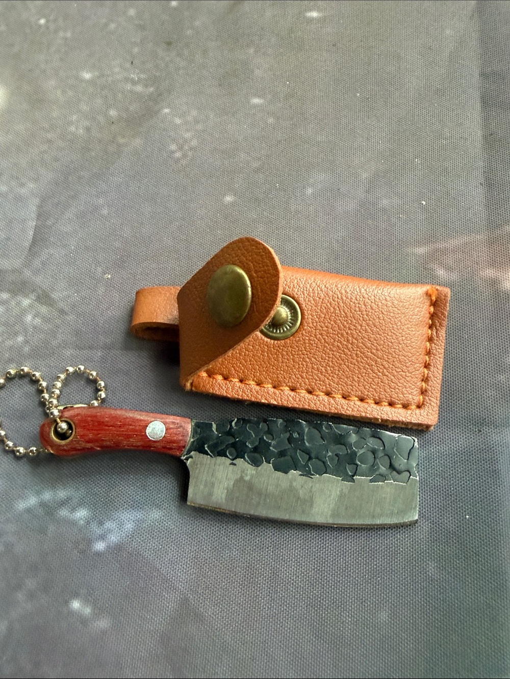 Mini Cleaver Keychain with Tan Leather Sheath